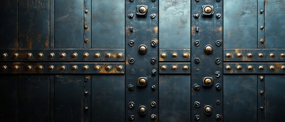 Fototapeta premium Historic metal door with rivets industrial warehouse close-up urban setting dramatic lighting