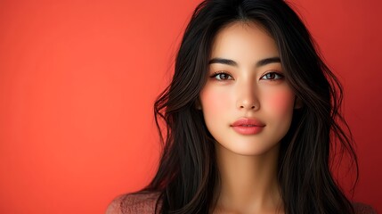 Fototapeta premium Woman portrait, neutral expression, coral background. Possible use stock photography