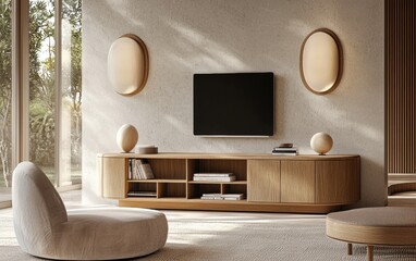Contemporary living room with a light oak media console, sleek storage compartments, and decorative books, exuding modern simplicity