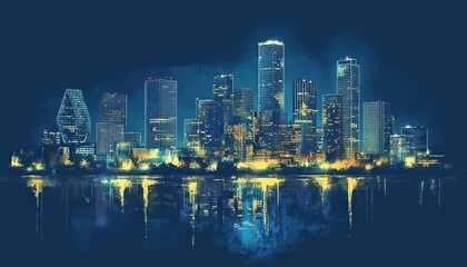 Night Cityscape Skyline Reflected in Water