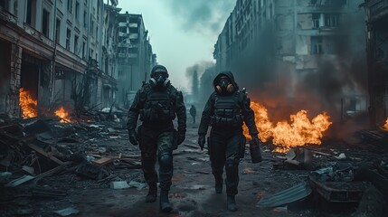 A man woman in full armor and a gas mask in a post-apocalyptic world