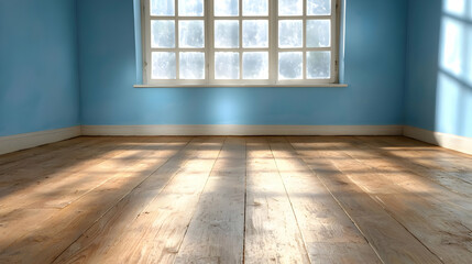 Sunlit empty room, wooden floor, blue walls, window light