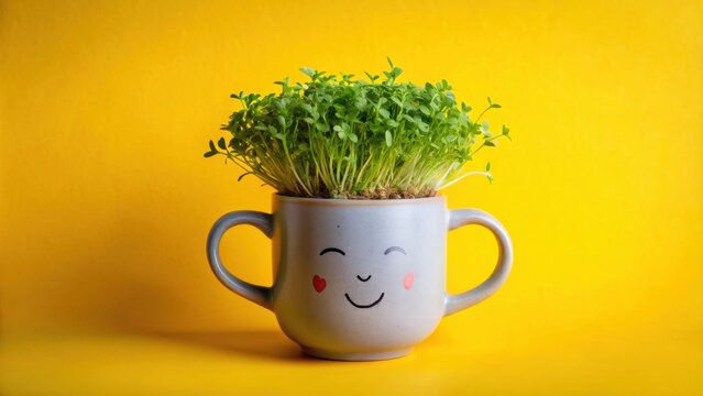 A cheerful gray mug with a smiling face, adorned with vibrant green cress, exudes joy and optimism against a bright yellow background.