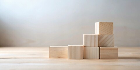 Wooden Blocks Arranged in a Gradual Ascending Pattern on a Light Wooden Surface