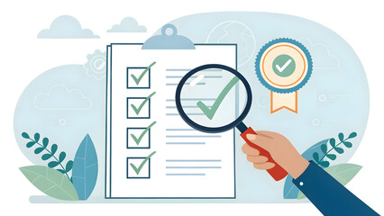 Detailed Checklist with Green Checks and Magnifying Glass Illustration