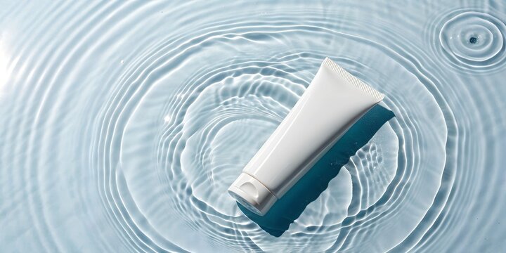 Mockup of a white skincare tube placed on a rippling water surface under direct sunlight, emphasizing hydration and freshness for premium beauty branding.