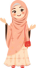 Cute Muslim Girl in Traditional Hijab and Dress, Smiling and Waving