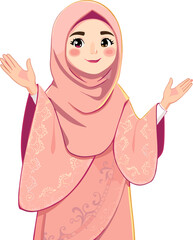 Cute Muslim Girl in Traditional Hijab and Dress, Smiling and Waving