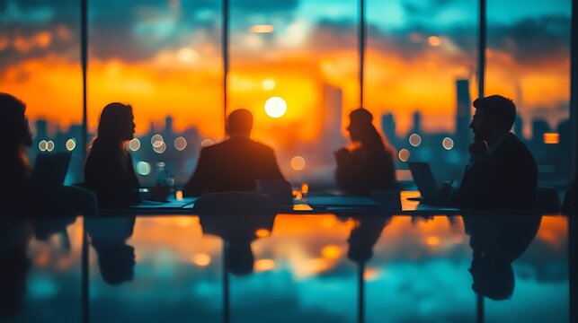 Business meeting at sunset over city skyline. Possible use for business presentations, stock photos, advertising