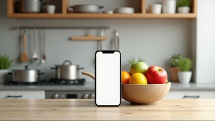 Front View Smartphone Mockup, Kitchen background smartphone against fruit bowl with recipe app photorealistic.