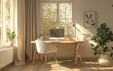 Cozy Scandinavian Home Office with a Simple Wooden Desk, a Comfortable White Chair, Minimalist Decor, and Soft Warm Lighting