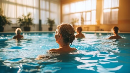 Senior women participating in a joyful water aerobics class at a comfortable indoor pool