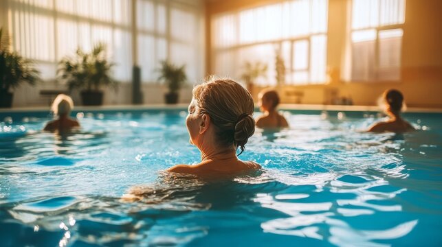 Senior women participating in a joyful water aerobics class at a comfortable indoor pool