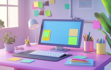Creative workspace desk with colorful sticky notes, sketchbooks, and a modern drawing tablet, inspiring artistic productivity