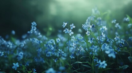 Delicate Blue Wildflowers in Dark Green Forest Soft Light
