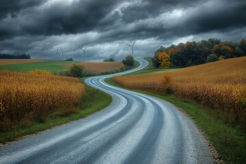 Winding road through golden fields and wind turbines rural landscape dramatic sky