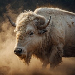 A white buffalo surrounded by swirling golden dust in a dreamlike setting.