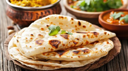 Delicious Naan Bread with Indian Cuisine on Rustic Table