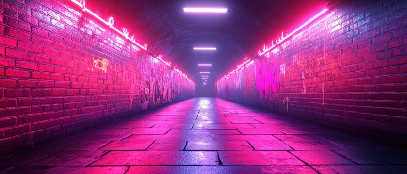 Neon light tunnel urban alley digital nighttime perspective futuristic vibe