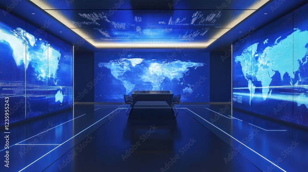 Poster futuristic control room with world map displays and minimalist design for global analysis