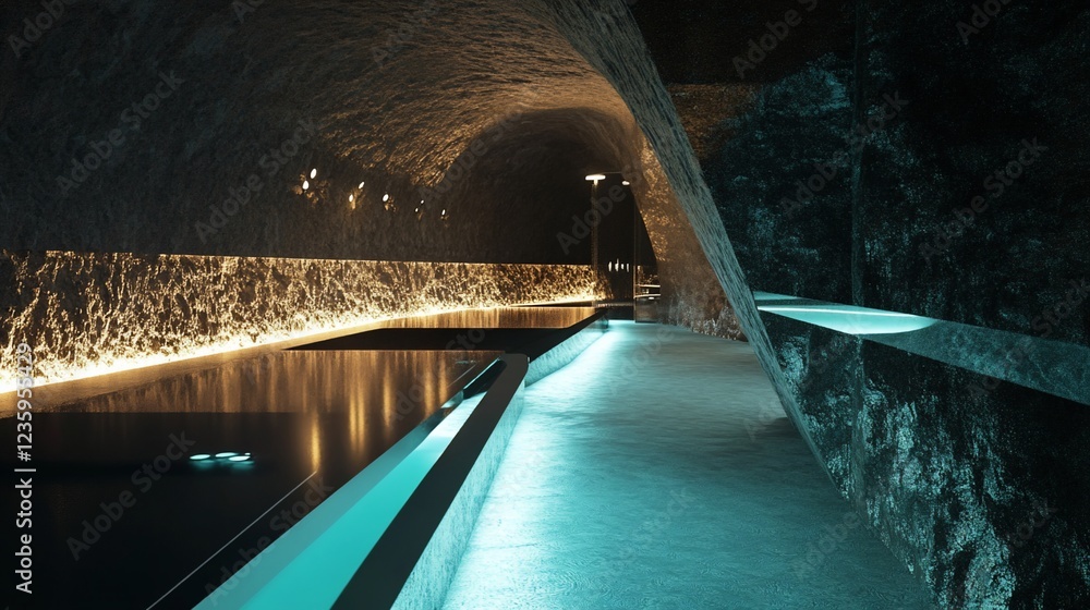 Poster futuristic underground architecture with illuminated water features and textured walls