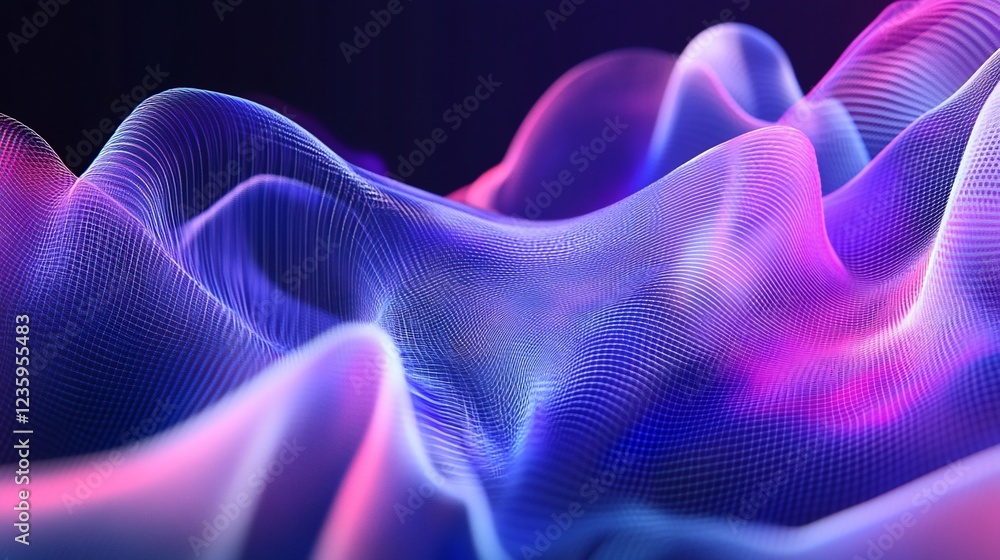 Poster abstract mesh wavy pattern with gradient colors of pink and blue on a dark background