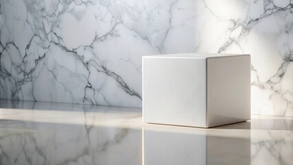 Minimalist White Cube Display Platform Against Marble Background