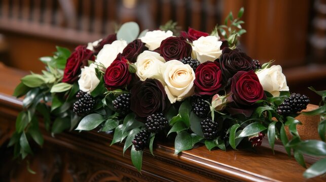 A bridal bouquet with deep red and white roses, accented with blackberries and dark greenery, placed on a wooden altar.