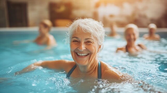 Senior women engaging in a fun water aerobics class at a comfortable indoor pool setting