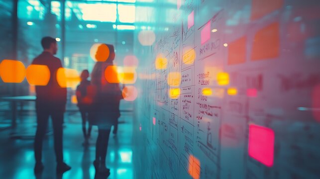 Blurred business team brainstorming session near a whiteboard wall
