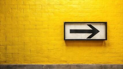 Obraz premium A single black arrow pointing right on a white sign inside a black frame against a yellow brick wall