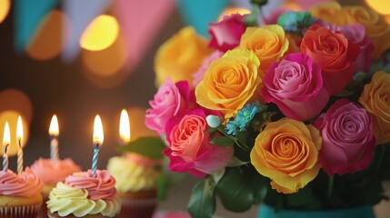 A cheerful arrangement of roses in bold colors, displayed next to cupcakes with candles and a celebratory banner.