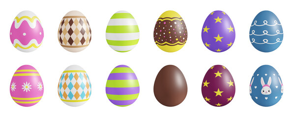Set of colorful easter eggs on isolated transparent background. Easter eggs 3d render