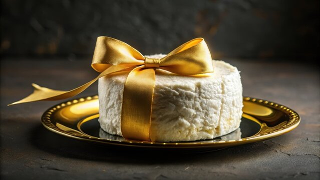 D?licieux fromage de ch?vre sur un plateau avec ruban dor? et noud sur fond noir, black background