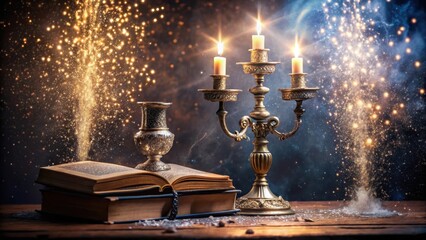 Sparkling magical dust scattered on a velvet-covered pedestal, surrounded by ornate silver candlesticks and mysterious ancient tomes , mystical, luxury