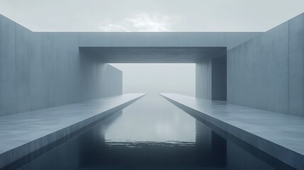 Obraz premium Abstract concrete architectural tunnel reflecting foggy sky