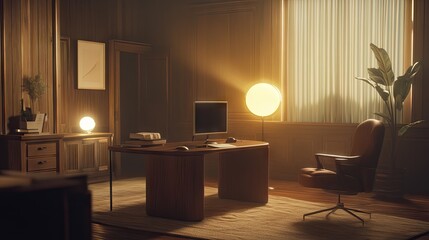 Fototapeta premium A Japandi-inspired hideaway office with warm wood tones and soft lighting.