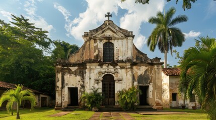 Fototapeta premium Majestic Ruins of an Old Church Surrounded by Lush Greenery