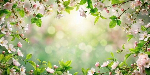 A delicate border of blooming cherry blossoms frames a gentle bokeh background, capturing the essence of spring's awakening.