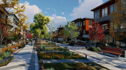 Obraz premium Tranquil Urban Neighborhood Park with Vibrant Autumn Colors