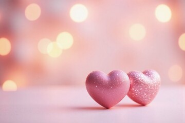 Fototapeta premium two pink hearts with glitter on smooth surface bokeh background