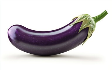 Deep purple eggplant with a green stem and smooth surface isolated on a white background