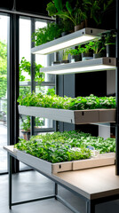 Fototapeta premium A modern indoor vertical garden featuring multiple shelves of vibrant green plants under bright lighting, enhancing the space with a touch of nature.