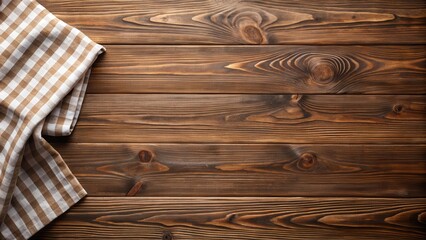 Rustic Brown Wooden Tabletop with a Checkered Cloth for a Rustic and Natural Food or Product Presentation