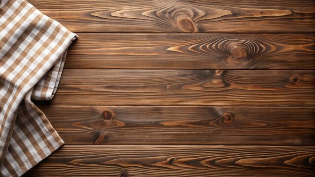 Rustic Brown Wooden Tabletop with a Checkered Cloth for a Rustic and Natural Food or Product Presentation