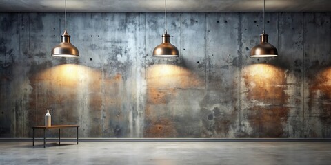 Fototapeta premium Industrial interior design with a weathered concrete wall, minimalist furniture and three hanging light fixtures.