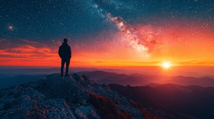 Man watching Milky Way sunrise, mountaintop