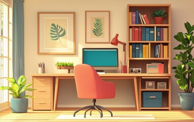 Cozy home office with a wooden desk, comfortable chair, and bookshelf filled with decorative items, creating a warm and functional workspace