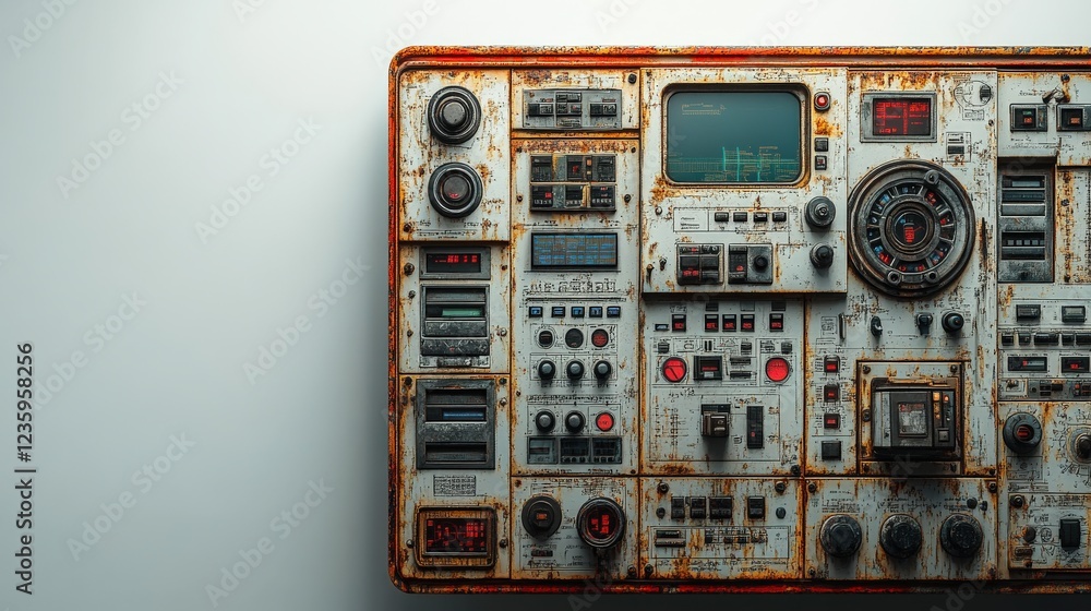 Poster vintage control panel with worn buttons and displays, showcasing intricate design and textures