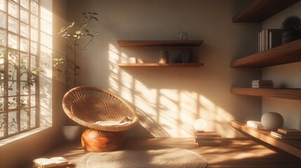 A Japandi-inspired reading corner with a rattan chair, floating wooden shelves, and soft lighting.